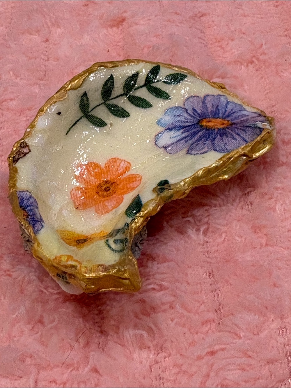 Handmade spring floral oyster shell trinket dish